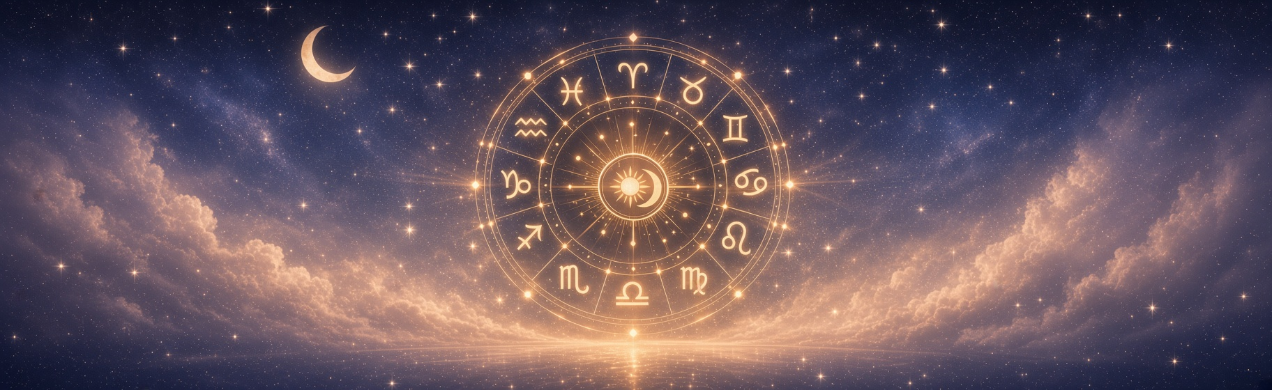 Golden astrological wheel beneath a starry sky